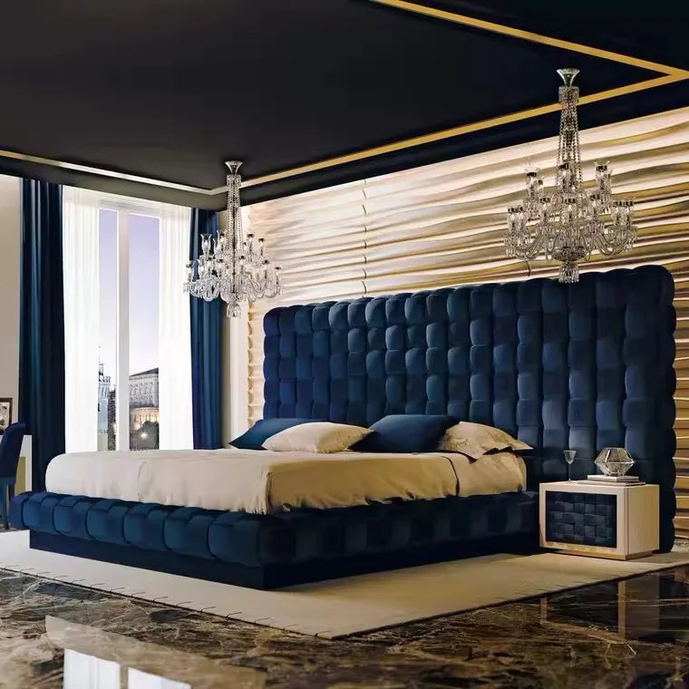 Upholstered Bed – Woven Soft Bag Headboard in Blue Velvet Italian