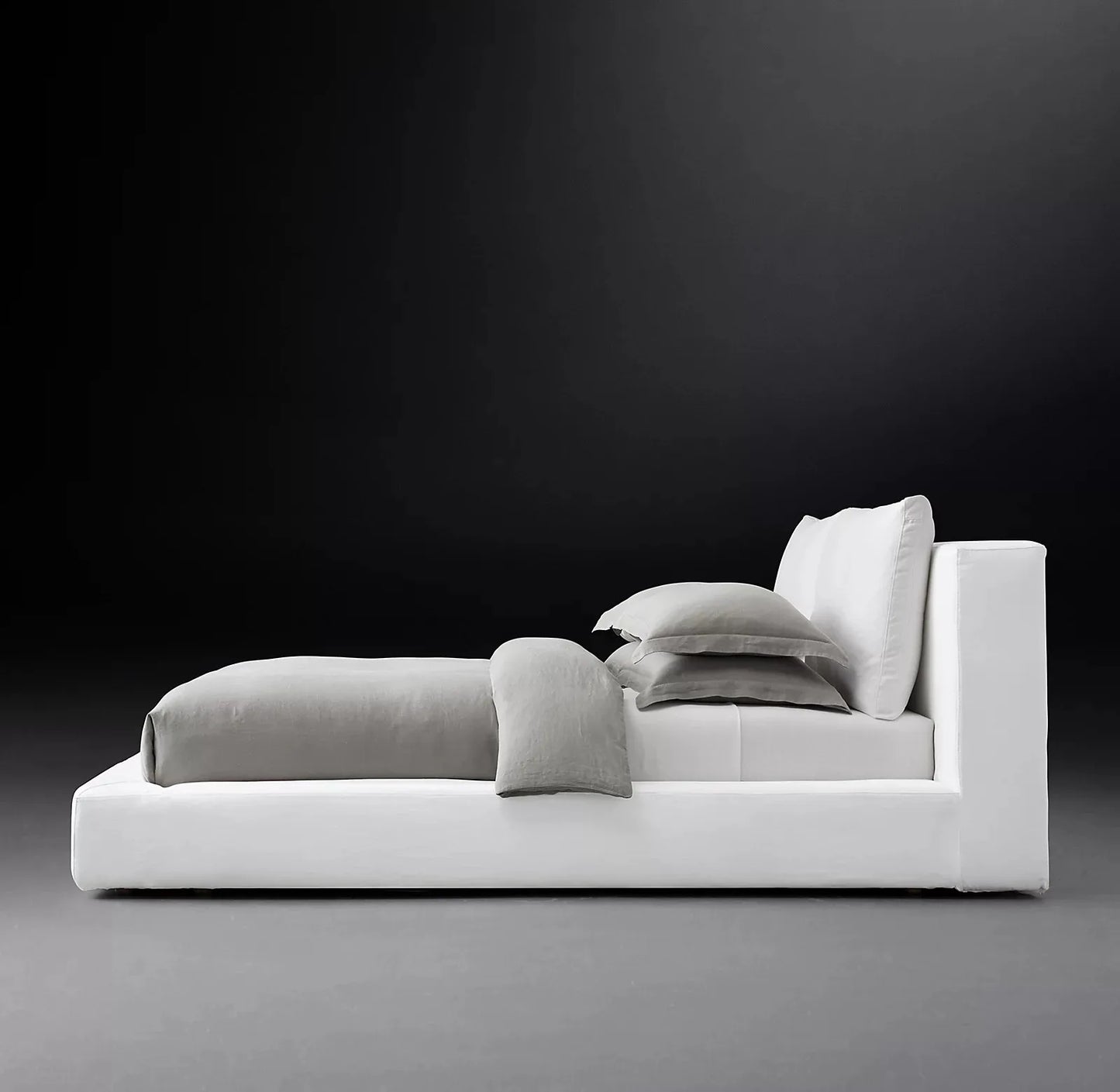 Slipcovered Platform Bed – Tufted Linen & Velvet European Designer Statement Piece