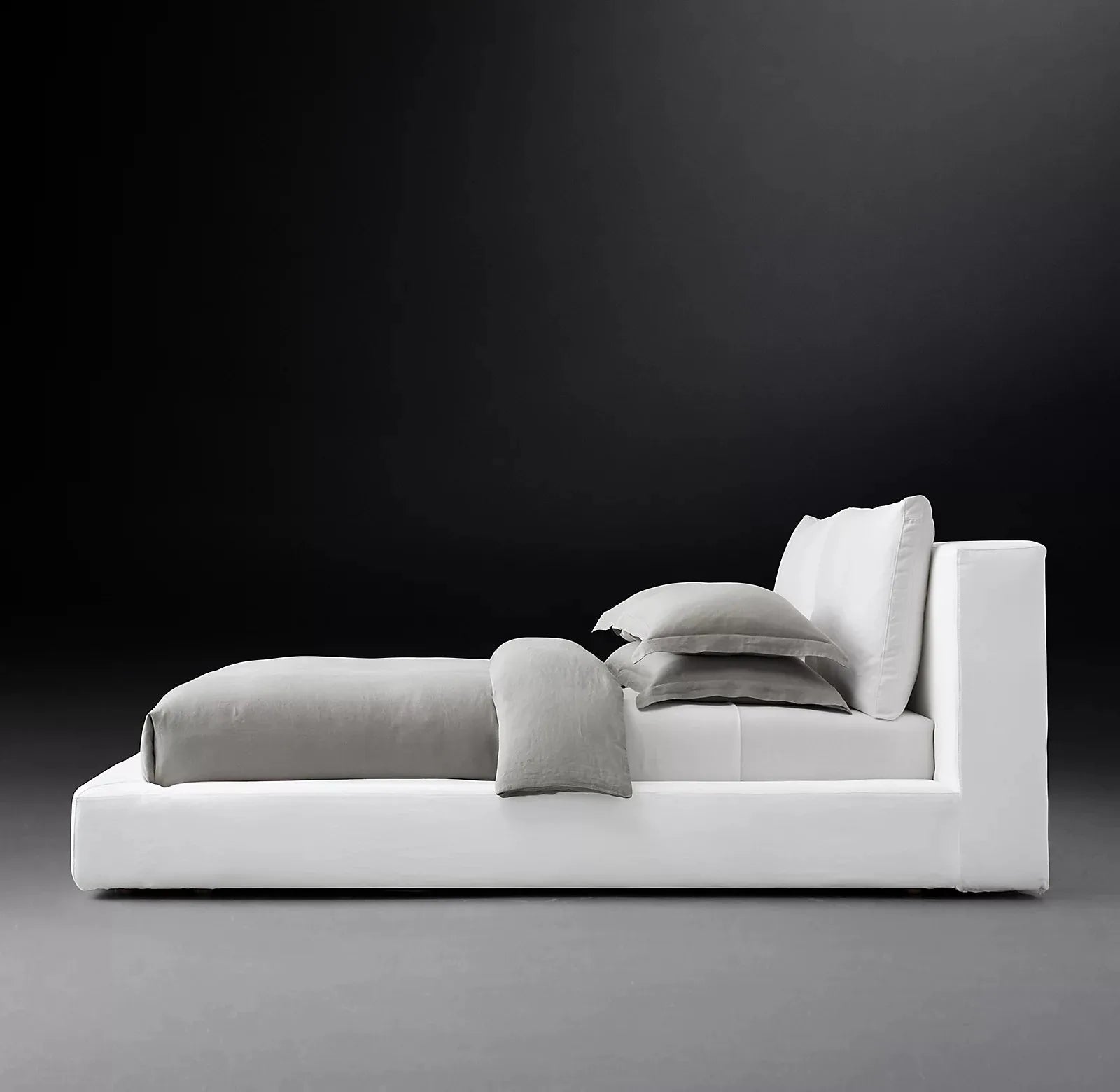 Slipcovered Platform Bed – Tufted Linen & Velvet European Designer Statement Piece
