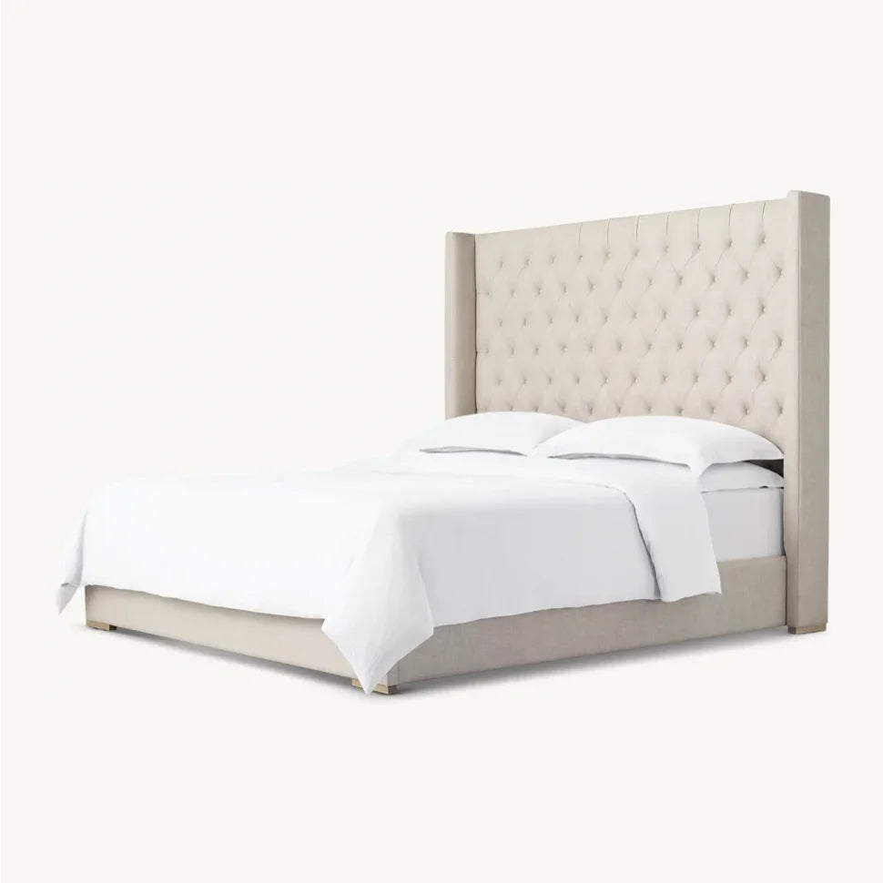 Italian Designer Bed – Midcentury French Style Luxury Bed with Diamond-Tufted Headboard