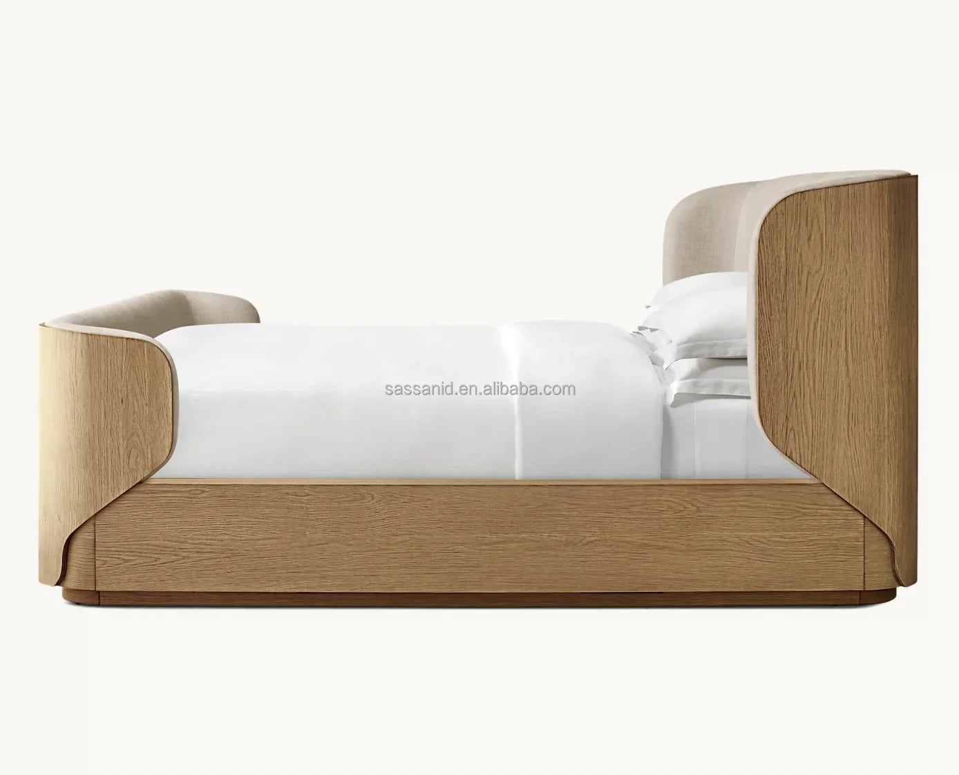 Shelter Bed with Upholstered Headboard – European-Inspired Oak Wood Statement Piece