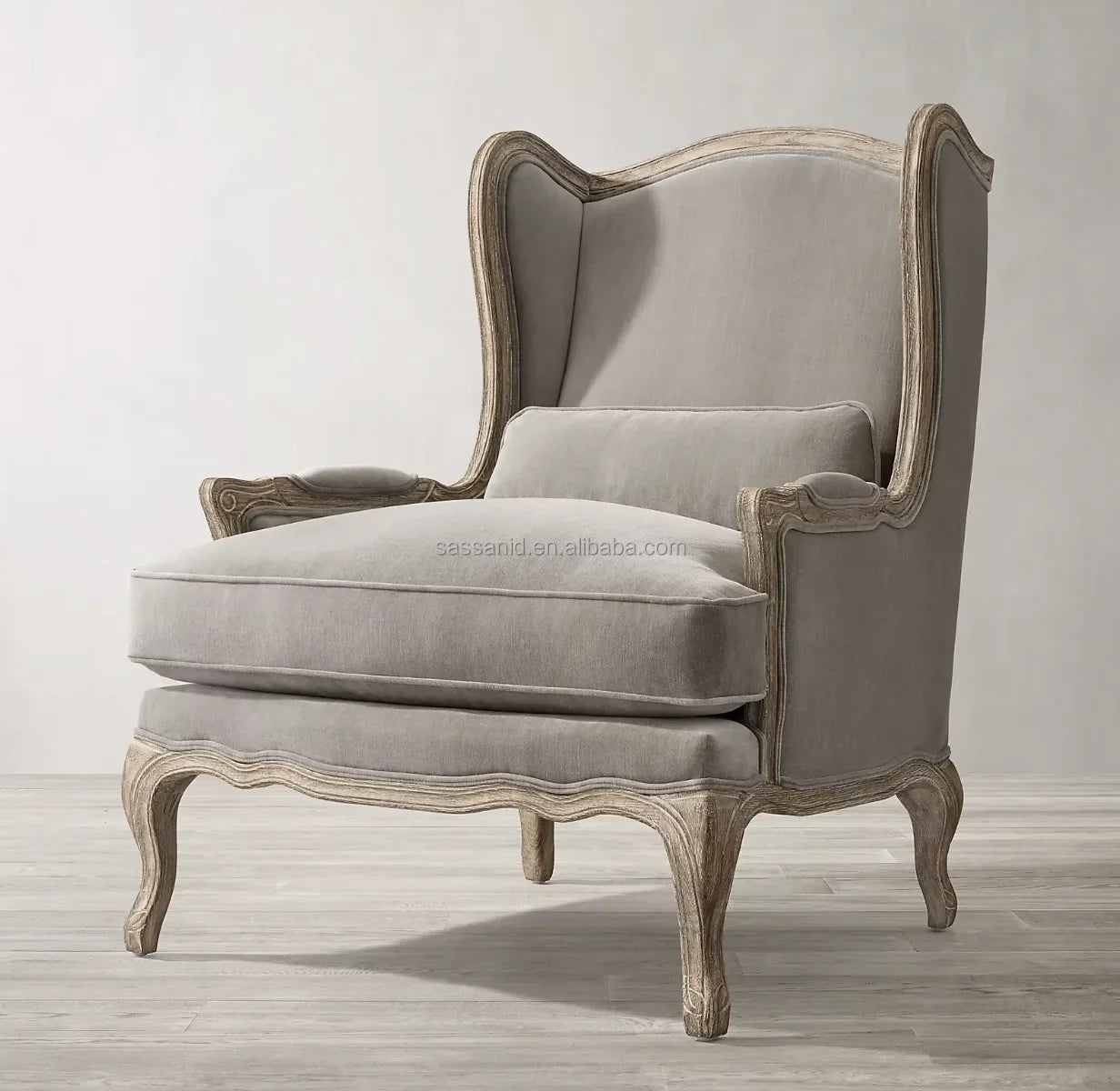 French Louis XV Wing Chair – Velvet Upholstered Oak Armchair