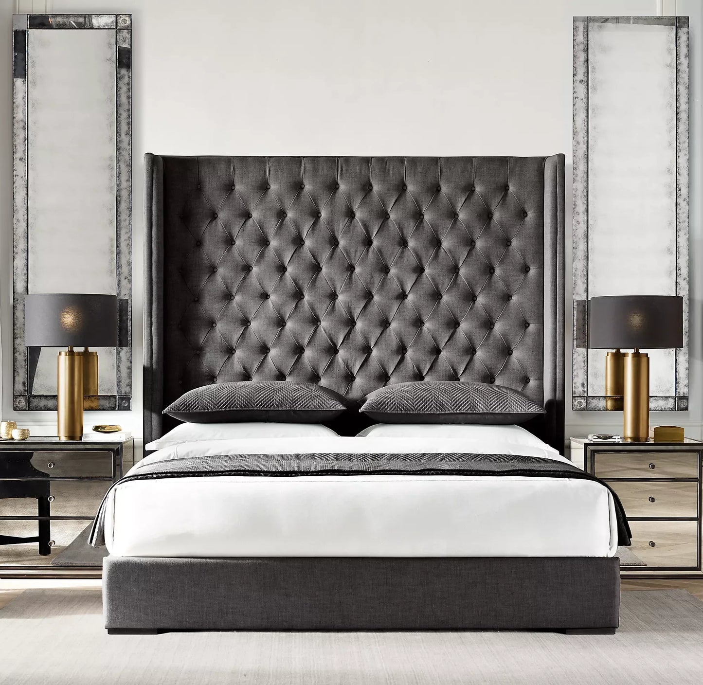 Upholstered Shelter Bed – Diamond-Tufted Wingback Mid-Century French Oak Frame