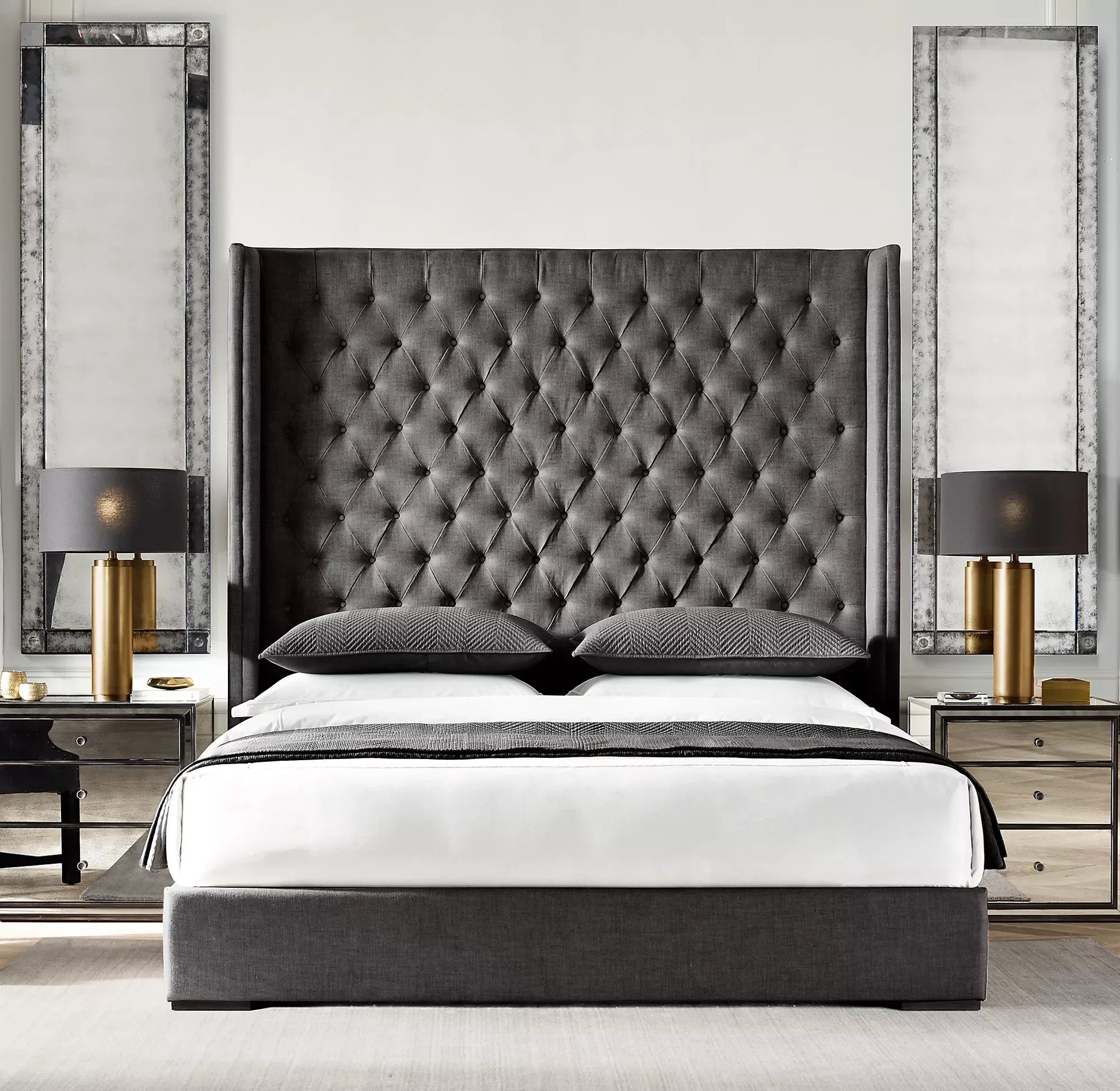 Upholstered Shelter Bed – Diamond-Tufted Wingback Mid-Century French Oak Frame