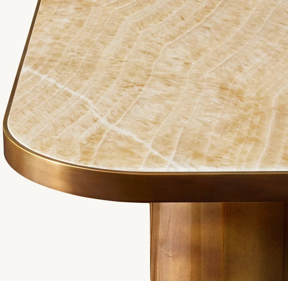Rectangular Dining Table – Onyx Stone Top – Polished Metal Statement Piece