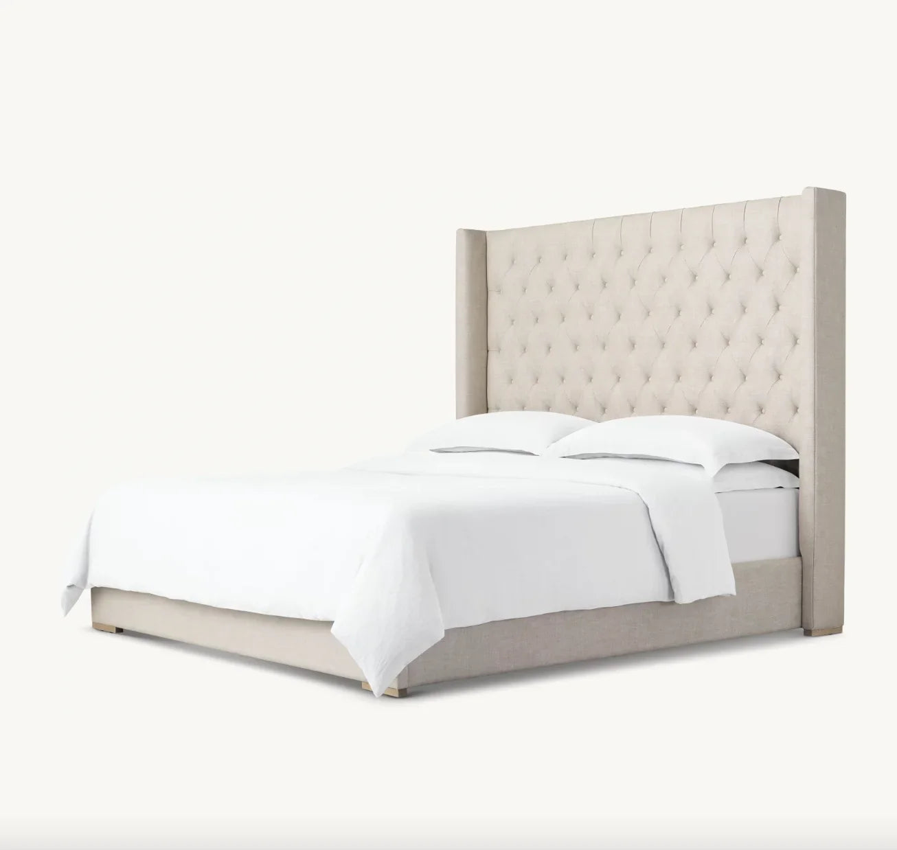 Upholstered Shelter Bed – Diamond-Tufted Wingback Mid-Century French Oak Frame