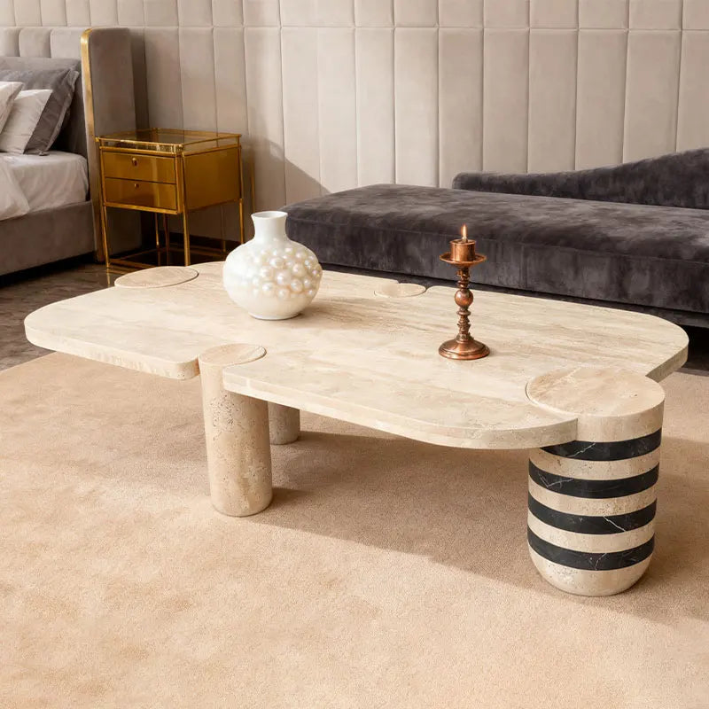 Modern Minimalist Travertine and Marble Coffee Table