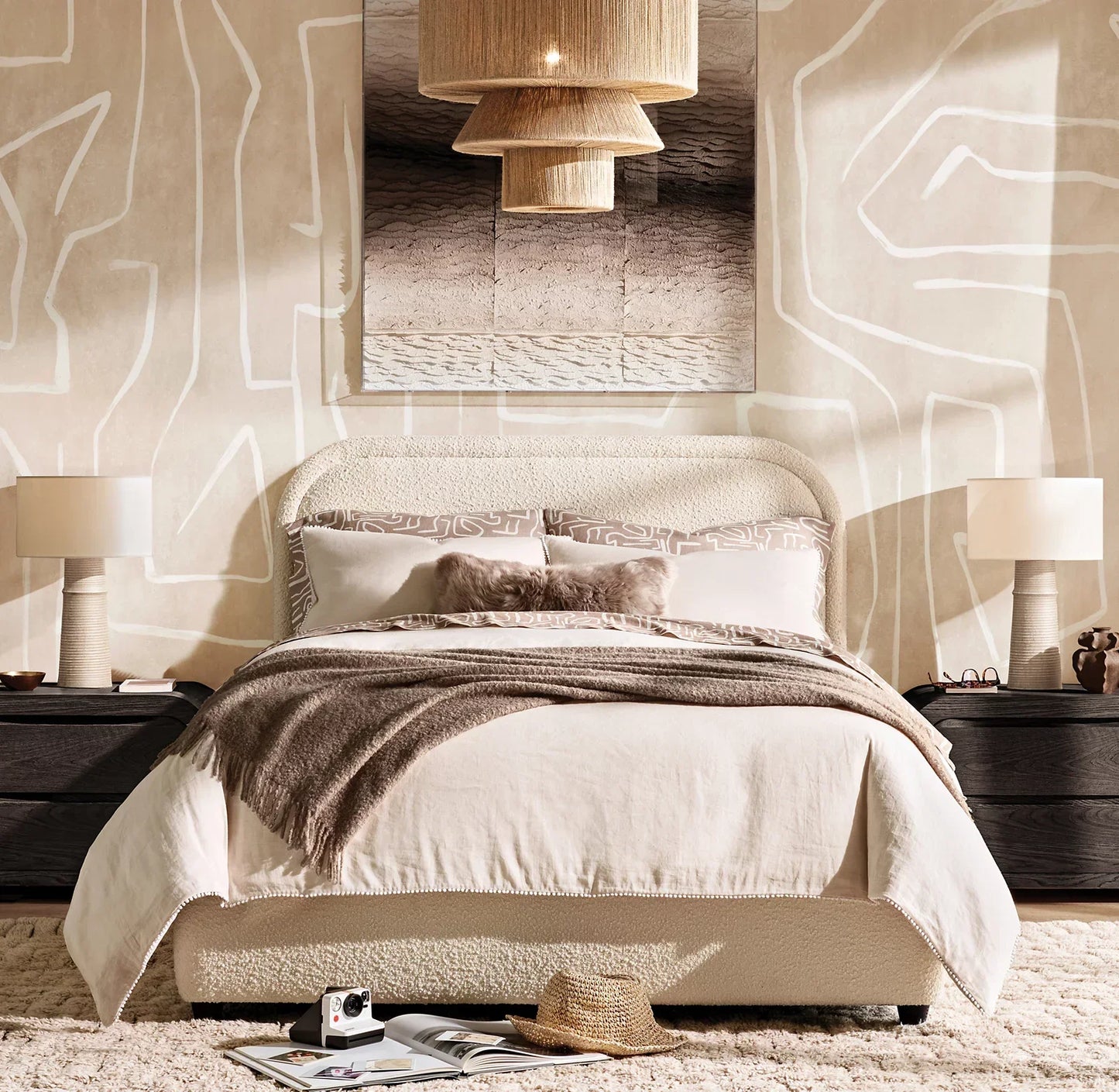 Upholstered Panel Bed – Tufted Headboard, White Berkshire Leather, Modern