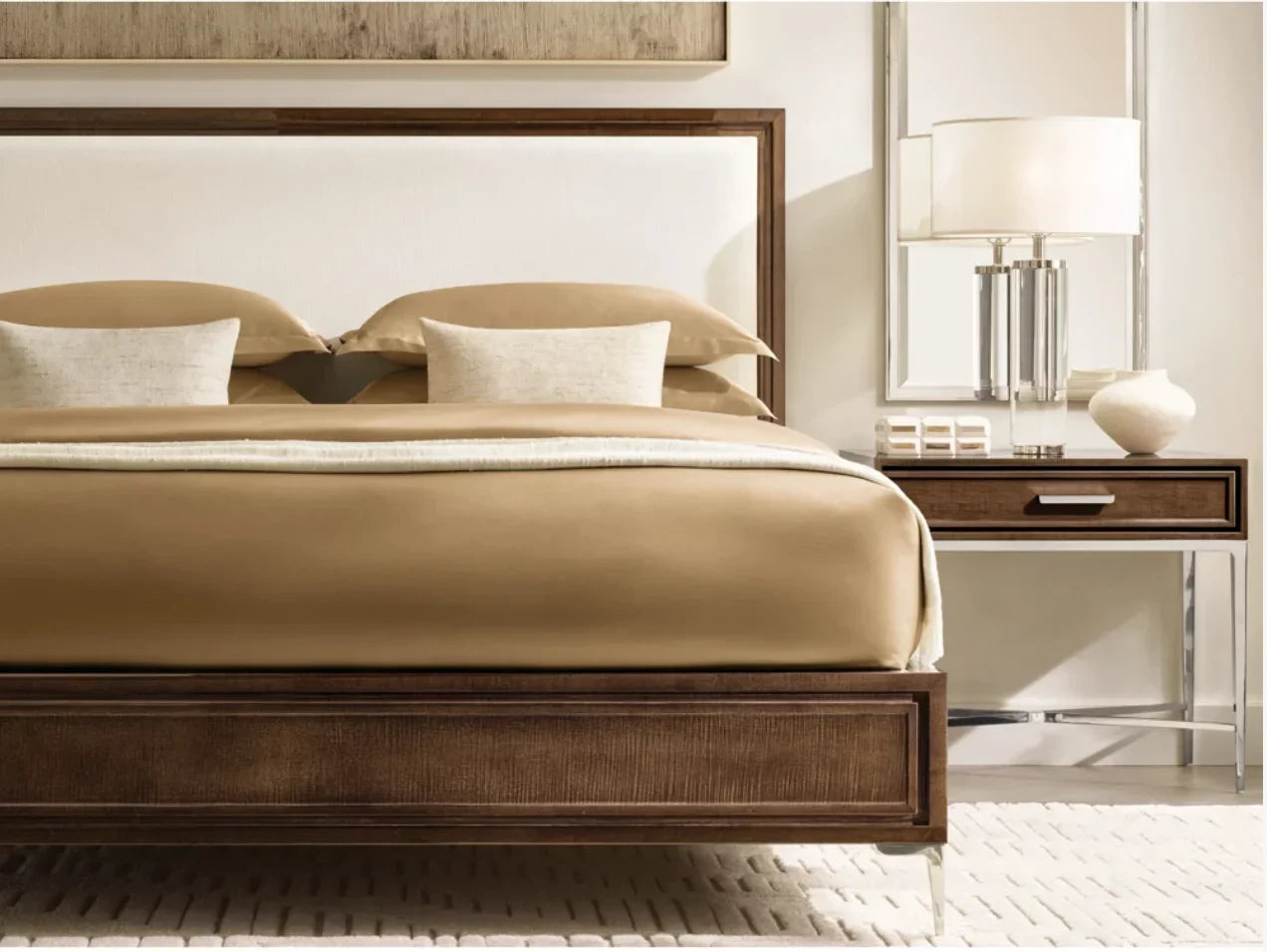 Benoit Fabric Panel Bed – Contemporary Sculptural Upholstered Bed in Lacquered Sable & Stainless Steel