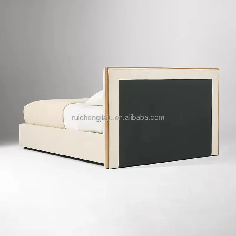 Italian Designer King-Size Bed – Modern Minimalist Upholstered Frame in Cream Fabric