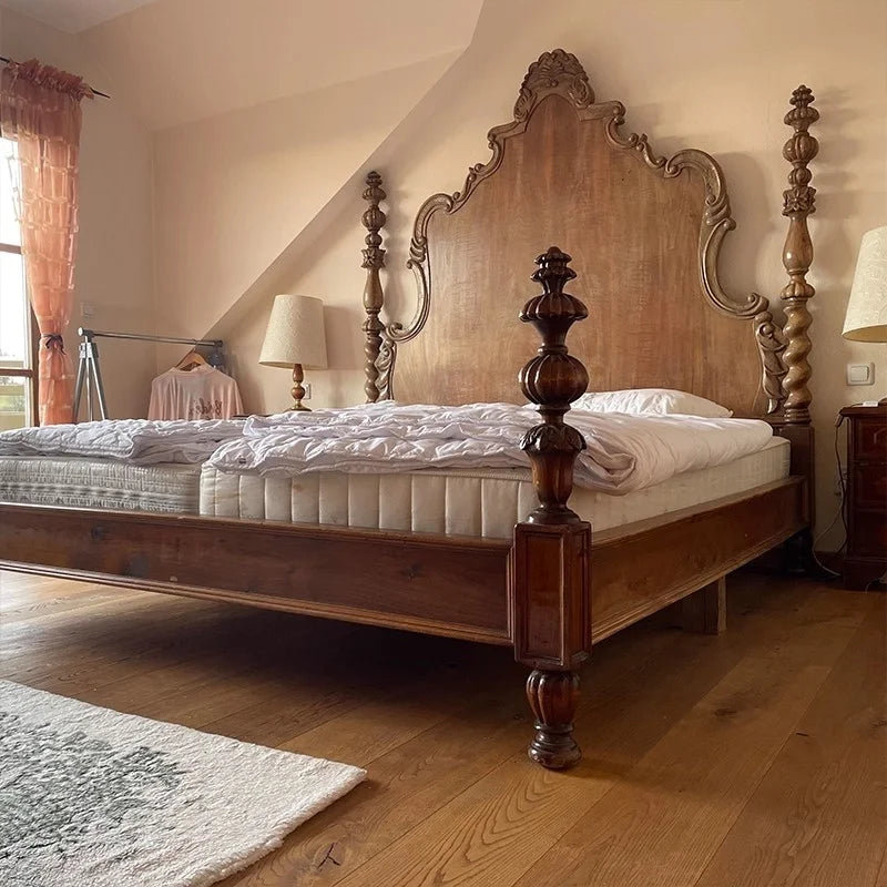 French Country Carved Solid Wood Bed – Renaissance Pillar Design | Q-020530