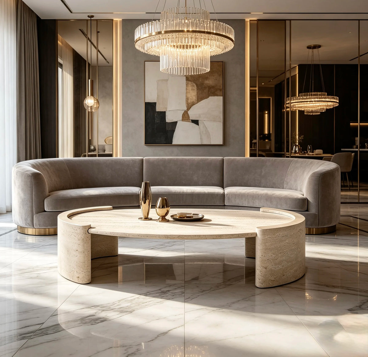 Luxury Oval Travertine Coffee Table Modern Italian Style for Villa