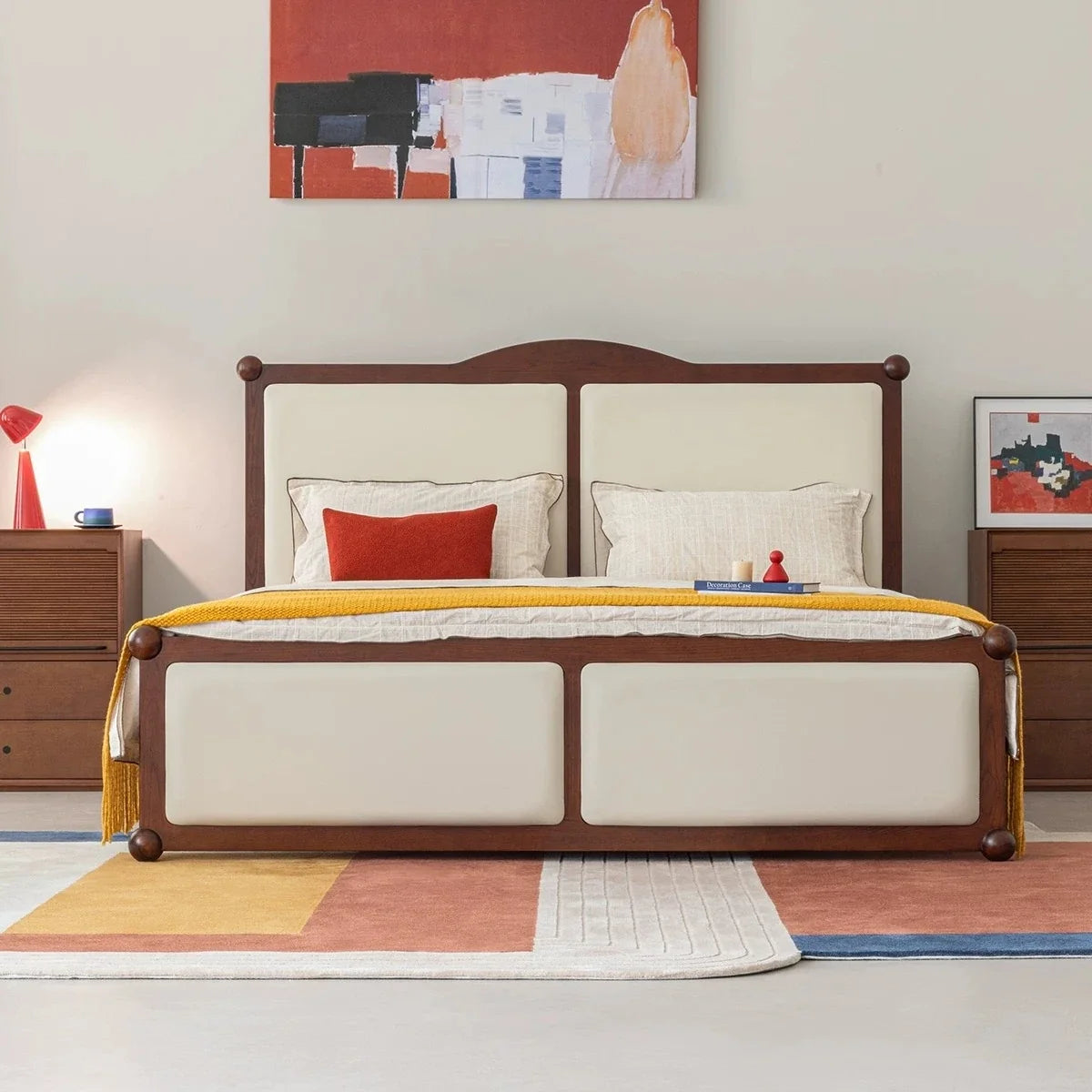 Mid-century Solid Wood Leather Bed – High Headboard Upholstered Platform Piece | 26-228