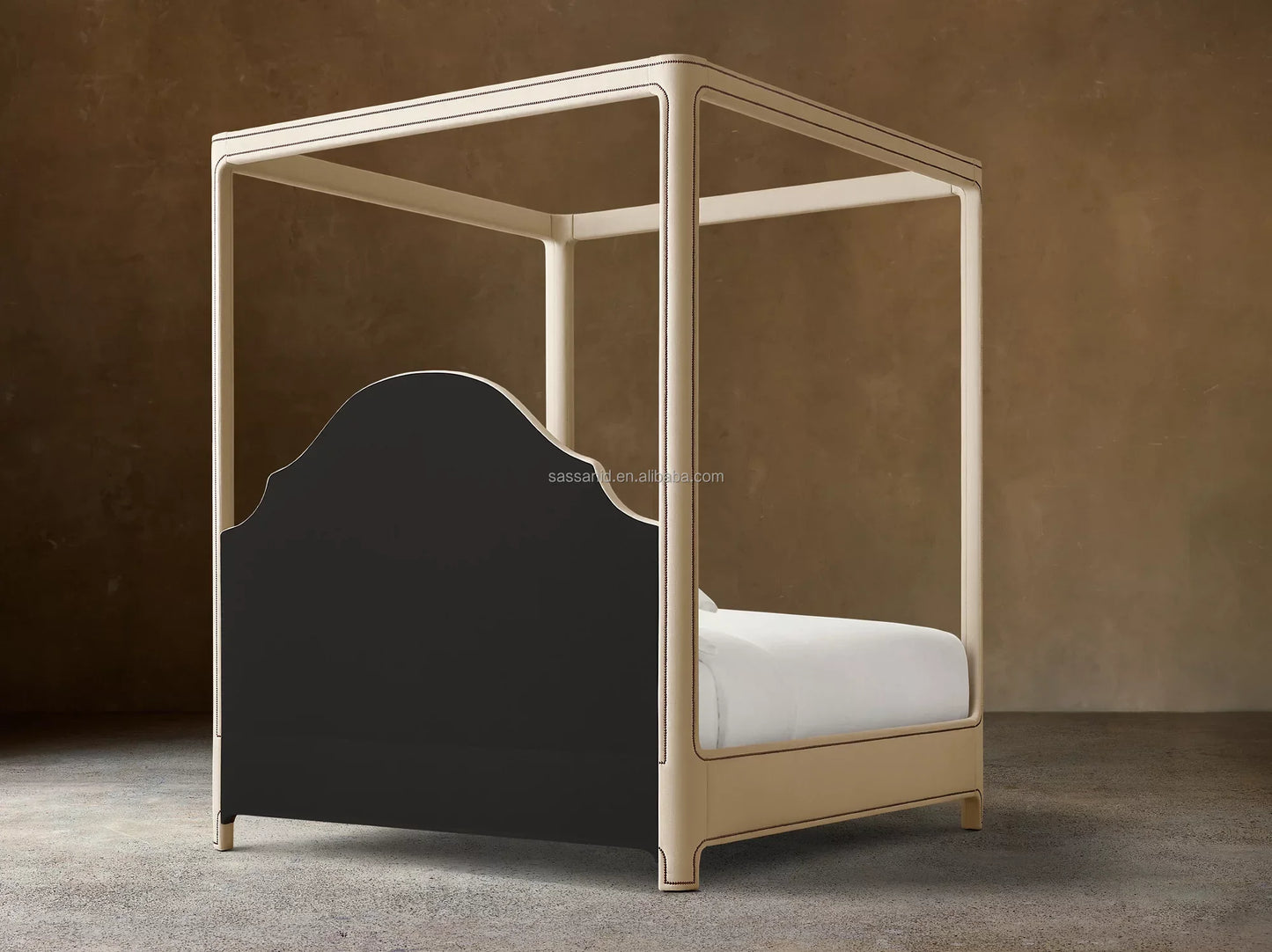 Alexandria Portman Upholstered Canopy Bed – Fabric Frame with Nailhead Detail – Contemporary Bedroom Statement Piece