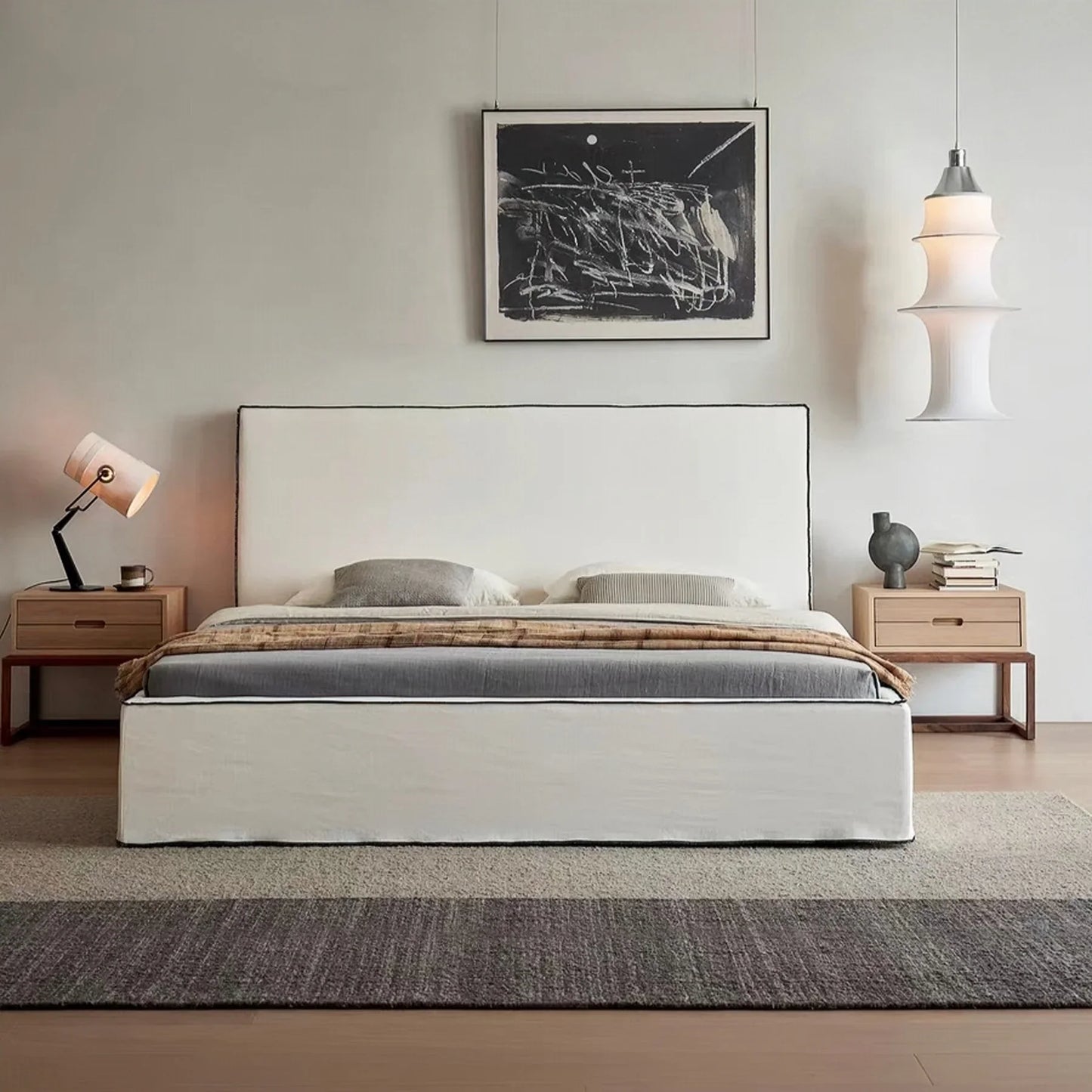 Wabi-Sabi Upholstered Bed – Minimalist Platform Frame Linen Fabric Designer Piece