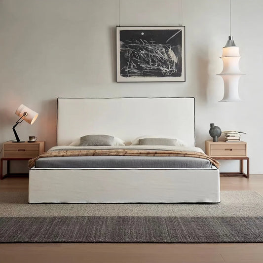 Wabi-Sabi Upholstered Bed – Minimalist Platform Frame Linen Fabric Designer Piece