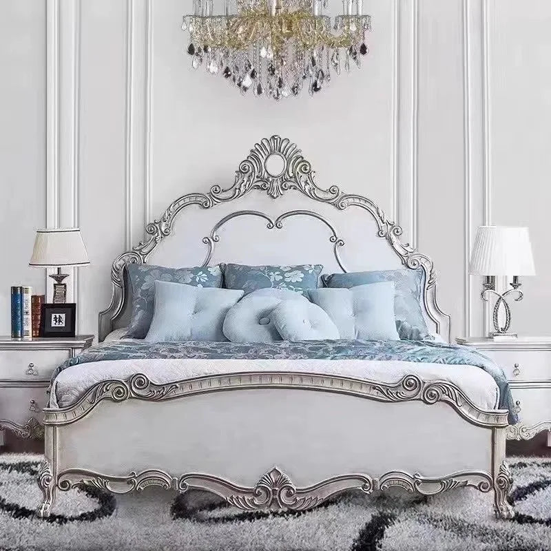 French-Style Carved Bed – Solid Wood Vintage Artisan Statement Piece