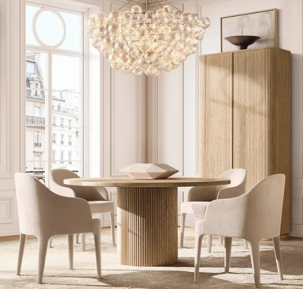 Mulholland Round Dining Table – Sculptural Minimalist Wire-Brushed American Oak Statement Piece
