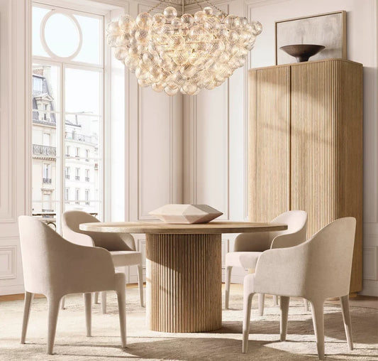 Mulholland Round Dining Table – Sculptural Minimalist Wire-Brushed American Oak Statement Piece