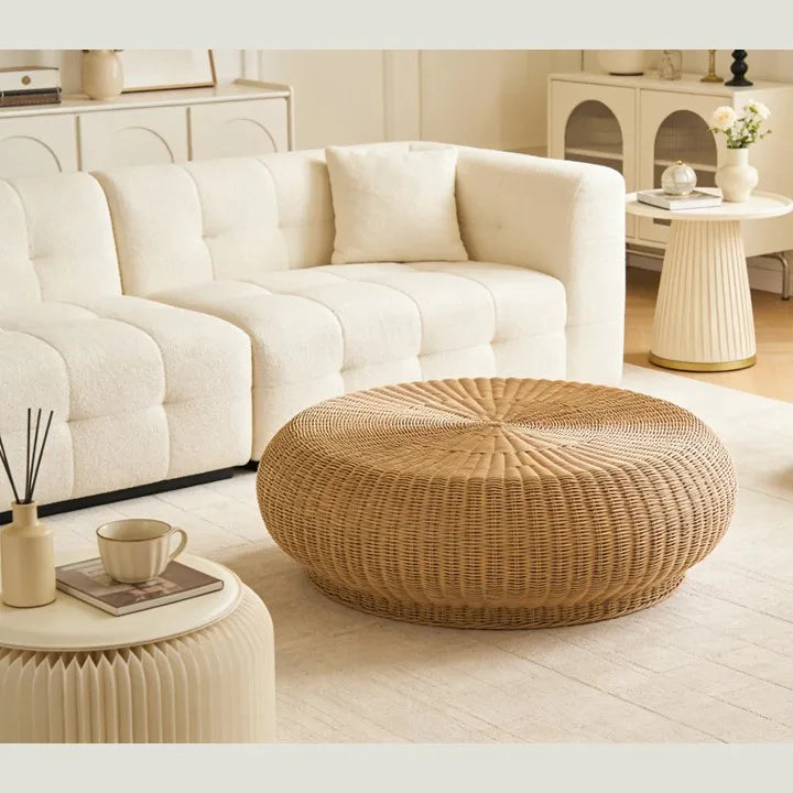 Round Rattan Ottoman Natural PE Rattan Aluminium Frame Indoor Outdoor Pouf Stool