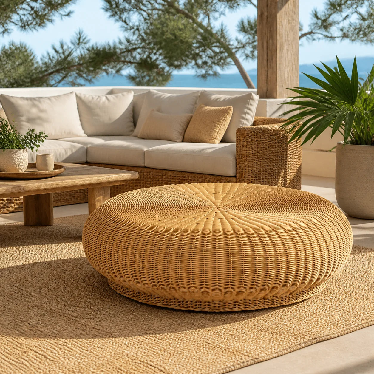Round Rattan Ottoman Natural PE Rattan Aluminium Frame Indoor Outdoor Pouf Stool
