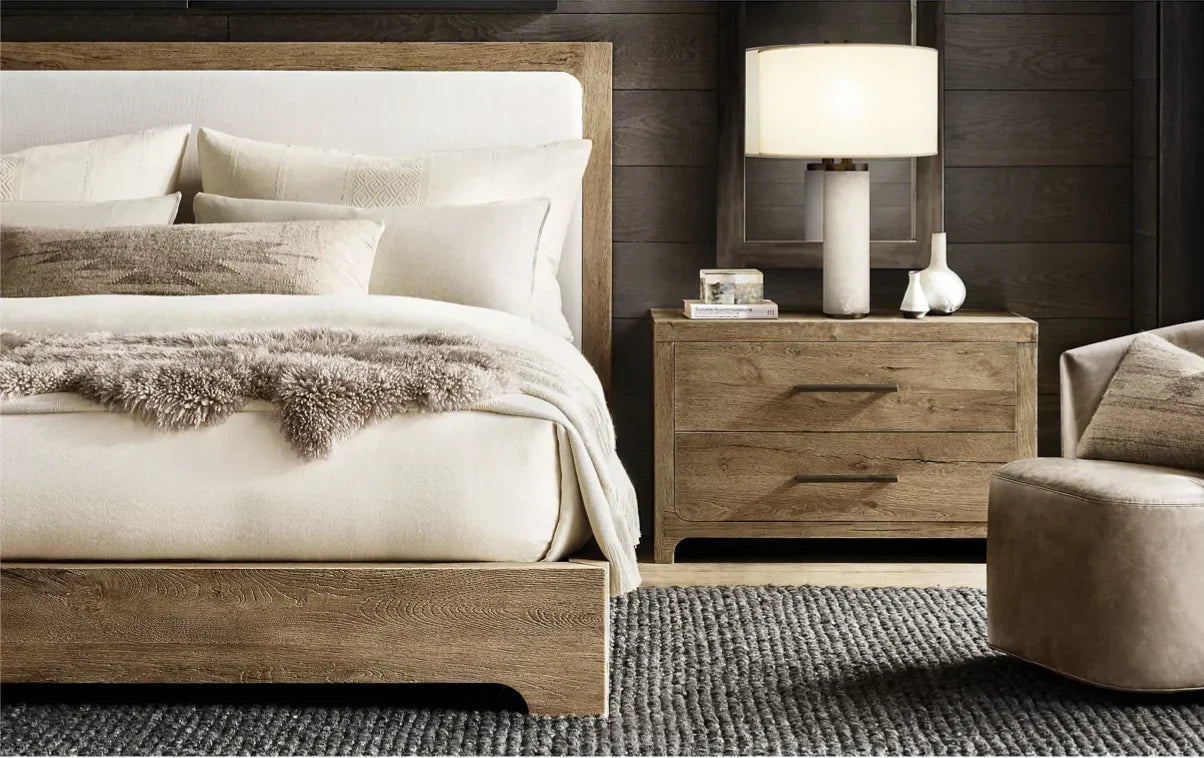 Cloud Platform Bed – Low-Profile Slipcovered Design in Aged Oak | 1600680589595