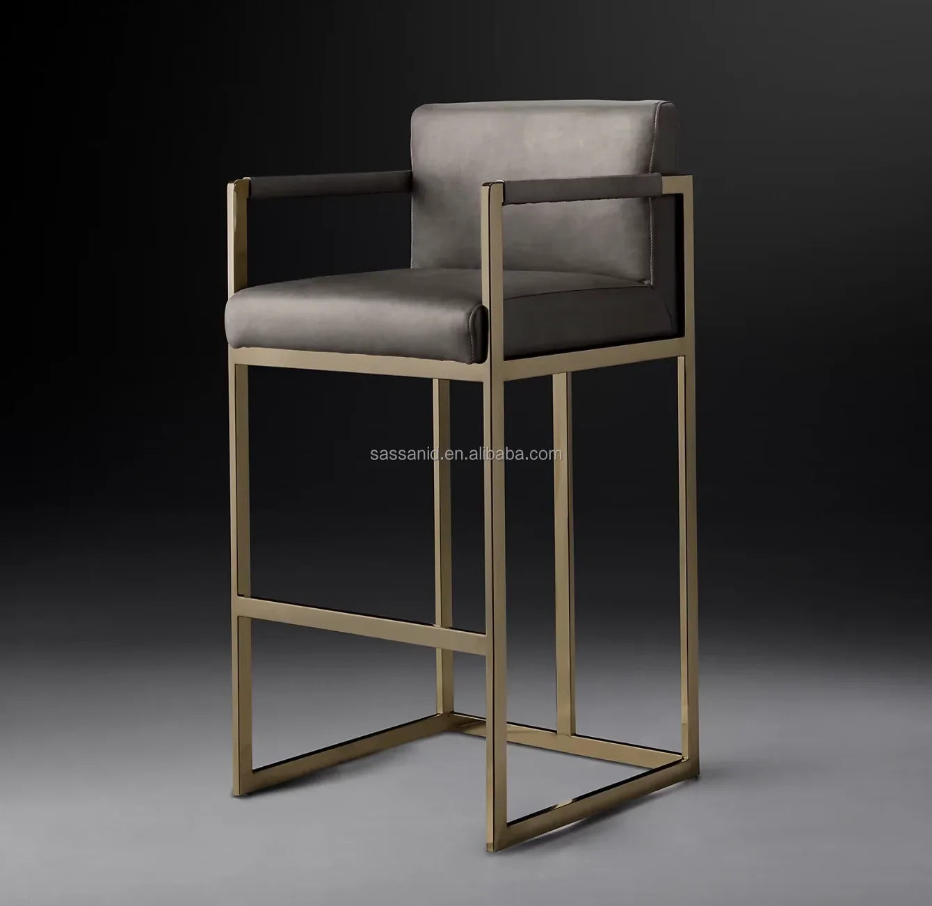 Modernist Bar Stool – Square Leather Seat with Brass Finish – Mid-Century Statement Piece
