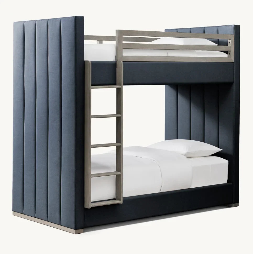 Upholstered Bunk Bed Mid-Century Platform – Oak and Indigo Statement Piece