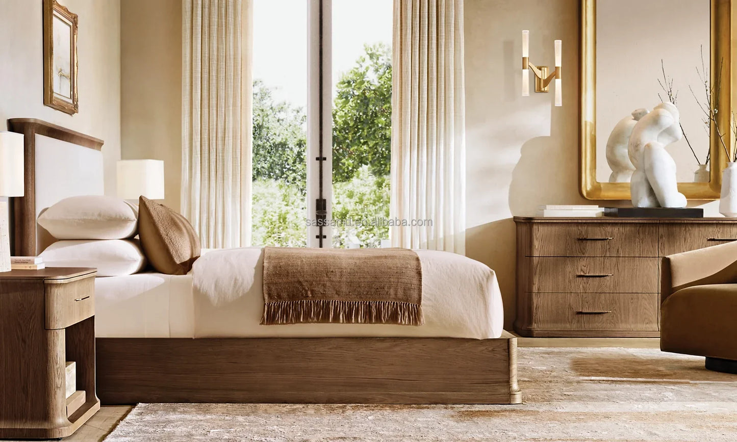 Classical Roma Architecture Upholstered Panel Bed – Oak Frame Statement Piece