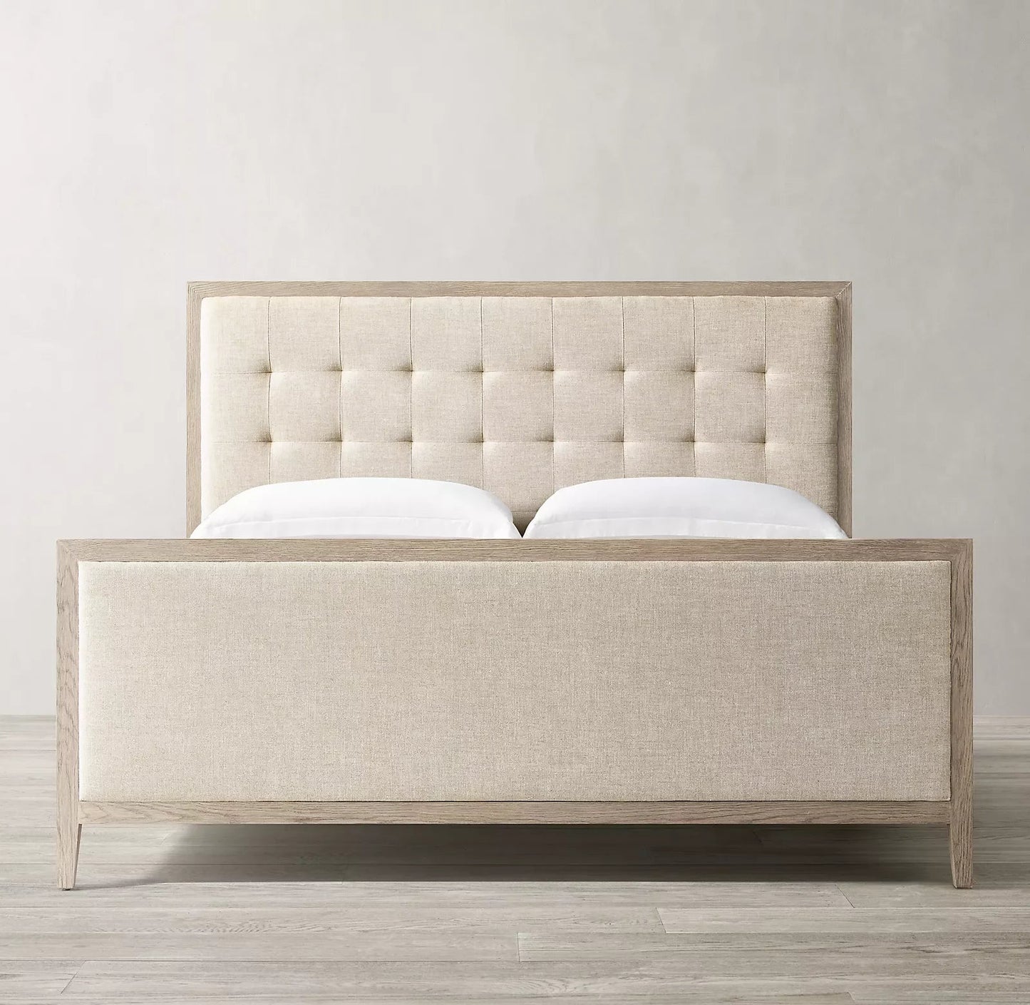 Upholstered Winged Panel Bed – Box-Tufted Headboard, Brushed Oak European Design