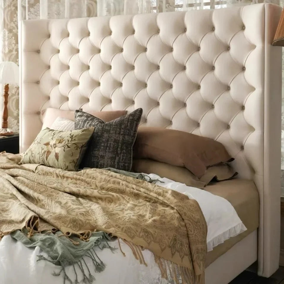 French Style Button Tufted Bed – Elegant PU Leather Master Bedroom Piece