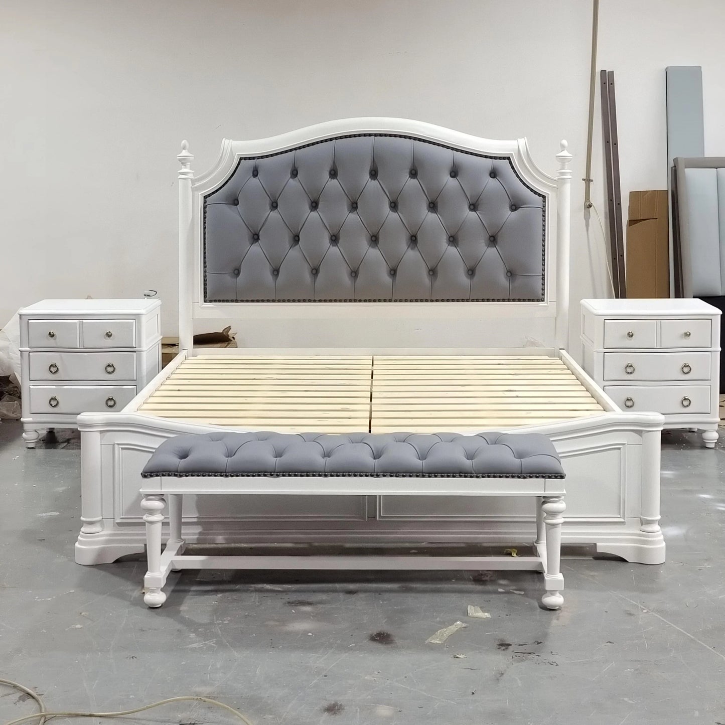 Tufted Upholstered Bed Set – Custom Grey Fabric with Solid Birch Wood