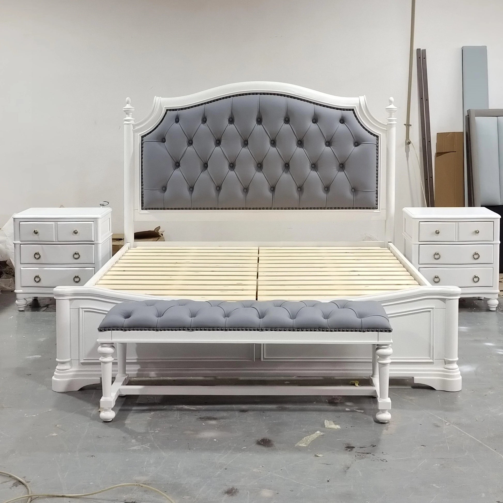 Tufted Upholstered Bed Set – Custom Grey Fabric with Solid Birch Wood