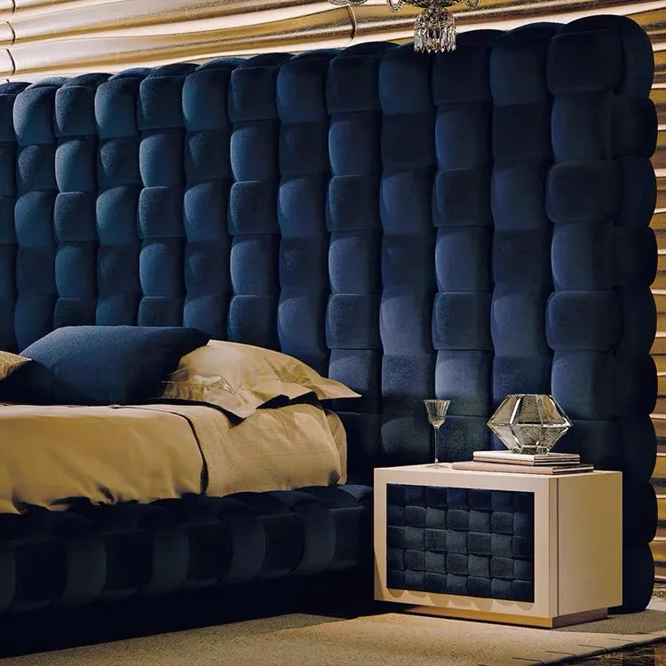 Upholstered Bed – Woven Soft Bag Headboard in Blue Velvet Italian