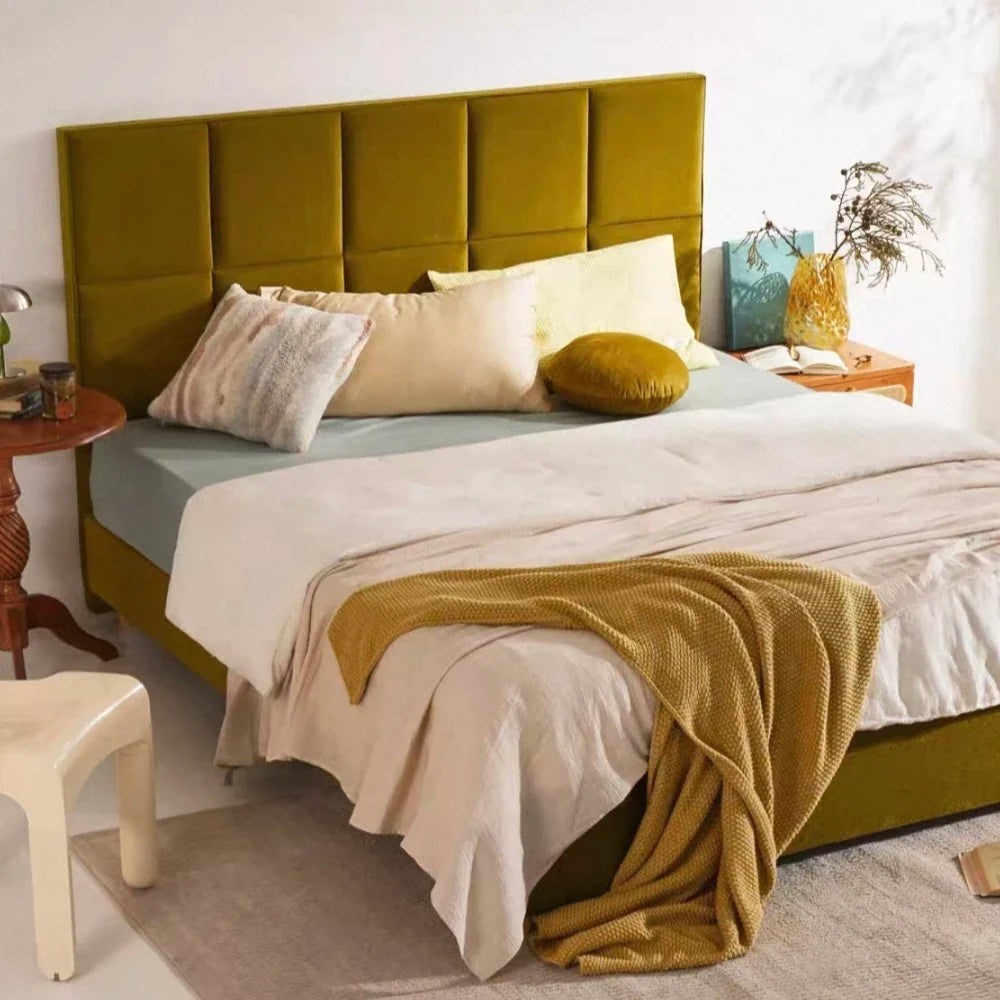 Fennel Upholstered Bed – Zongzi Leaf Green Fabric – Modern Architectural Statement Piece