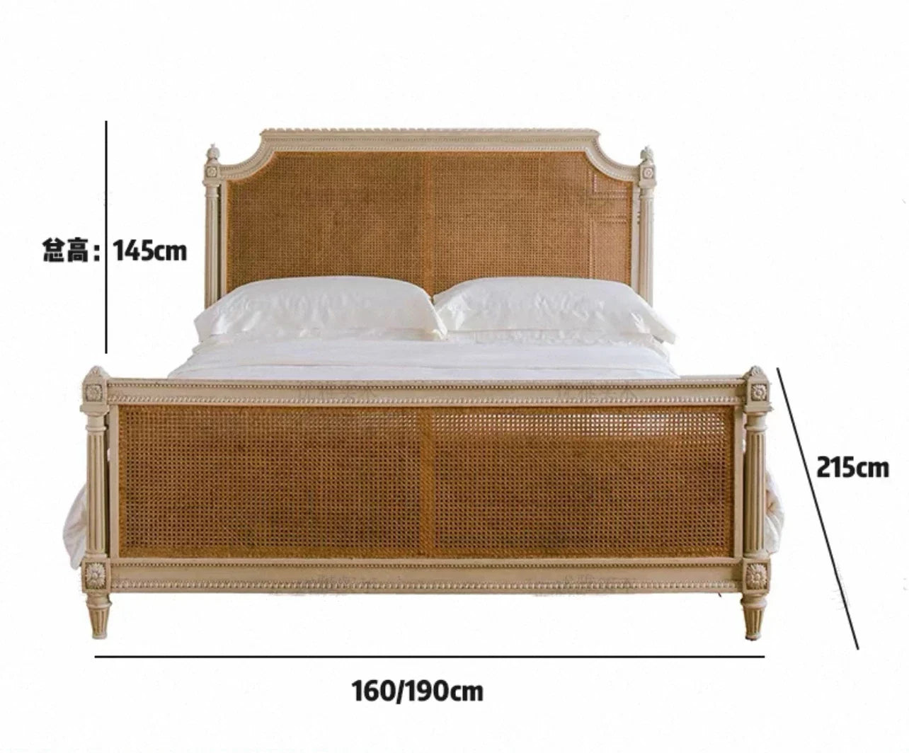 French Rattan Solid Wood Bed – American Vintage Double Bedroom | Q-02053
