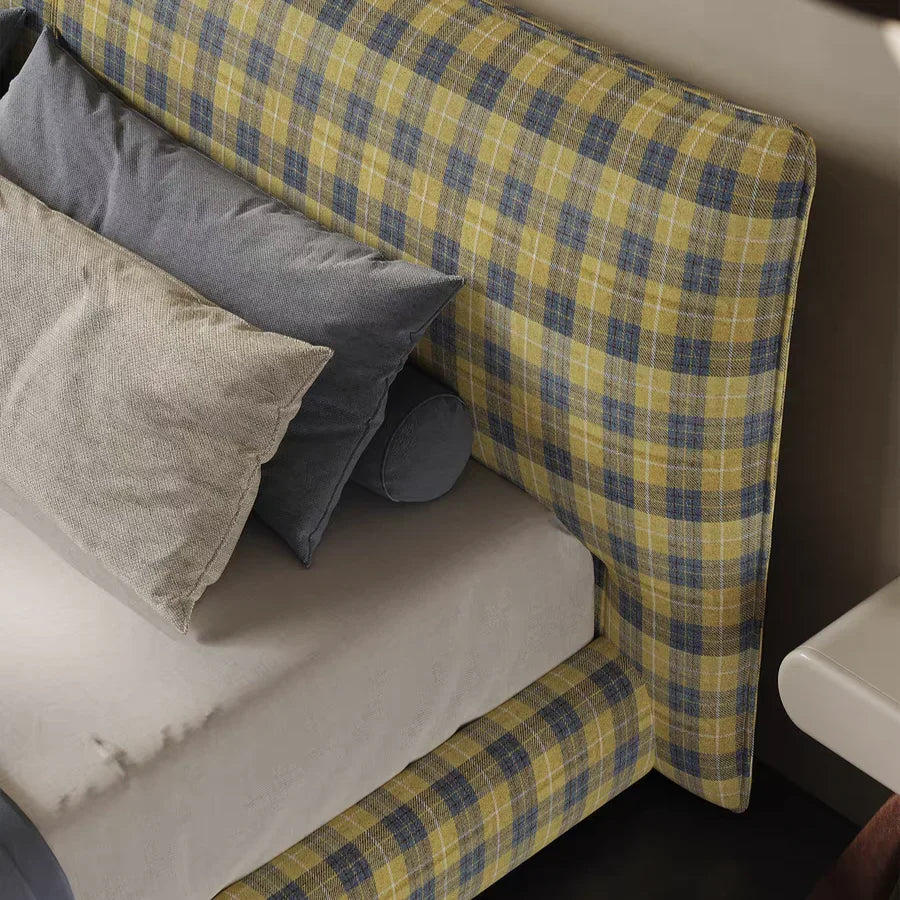 French Vintage Upholstered Bed – Midcentury Modern Wool Plaid Statement Piece | 5550
