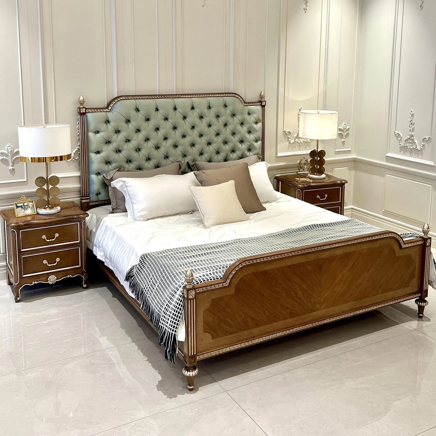 French Platform Bed – Upholstered Solid Birch Luxury Statement Piece | 26-170