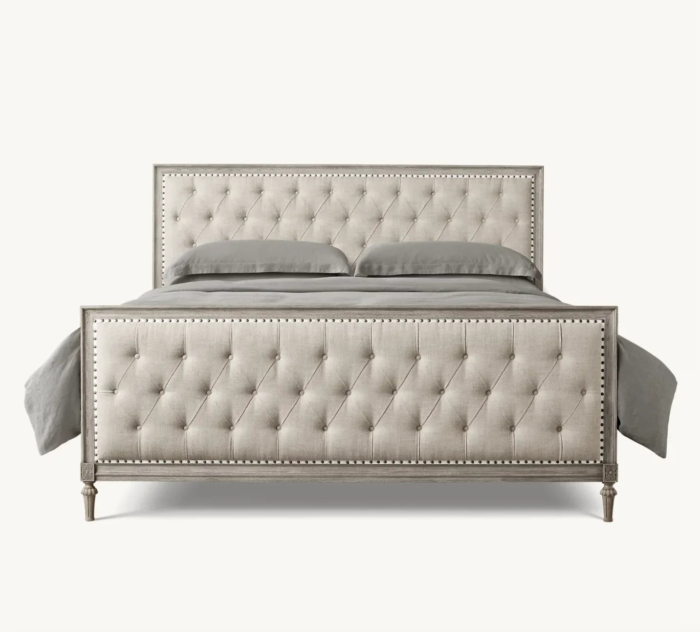 French Maison Diamond-Tufted Panel Bed – Antiqued Oak Upholstered Statement Piece