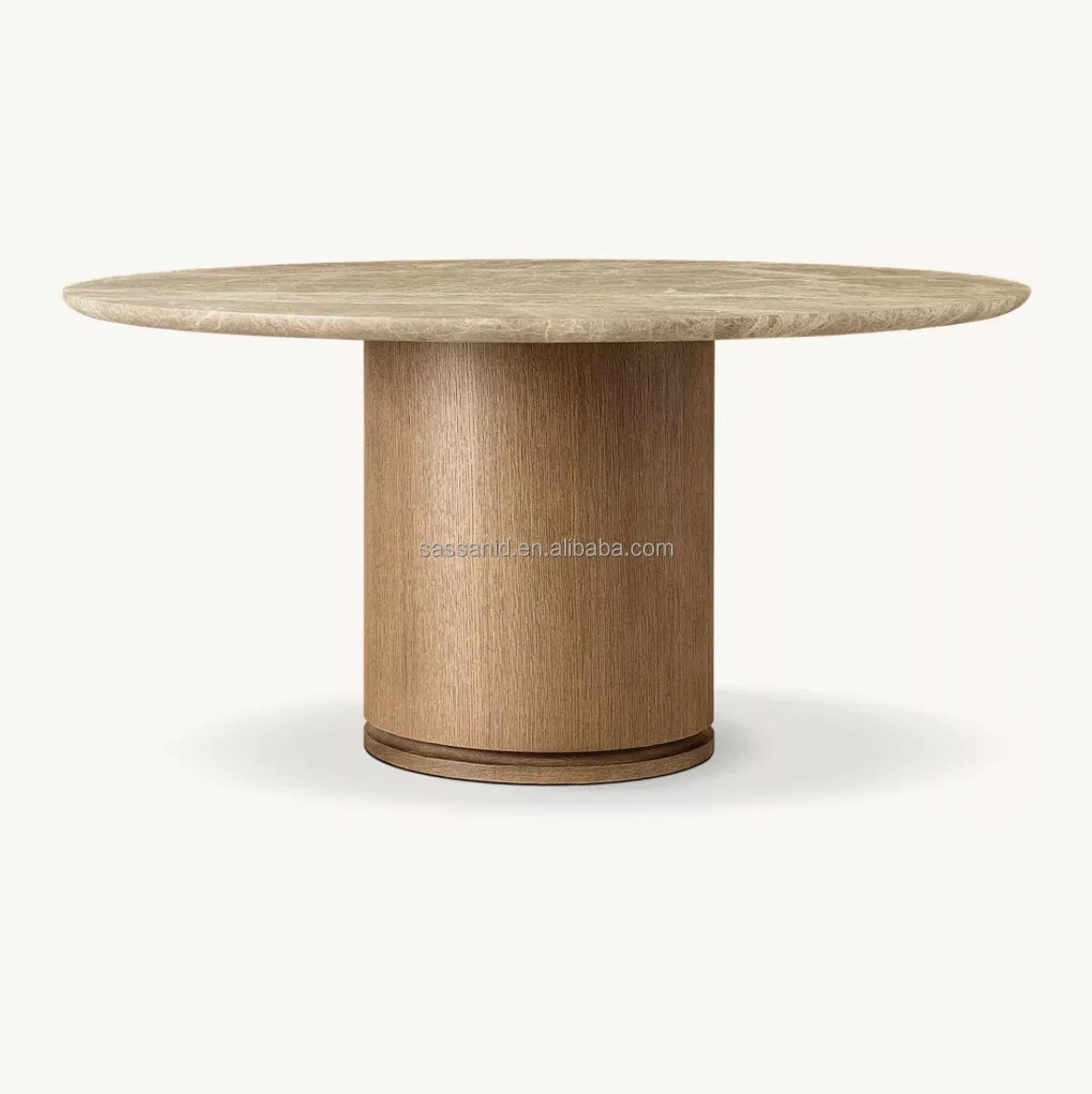 Round Dining Table, Emperador Marble and Brushed Oak – Mid-Century Statement Piece