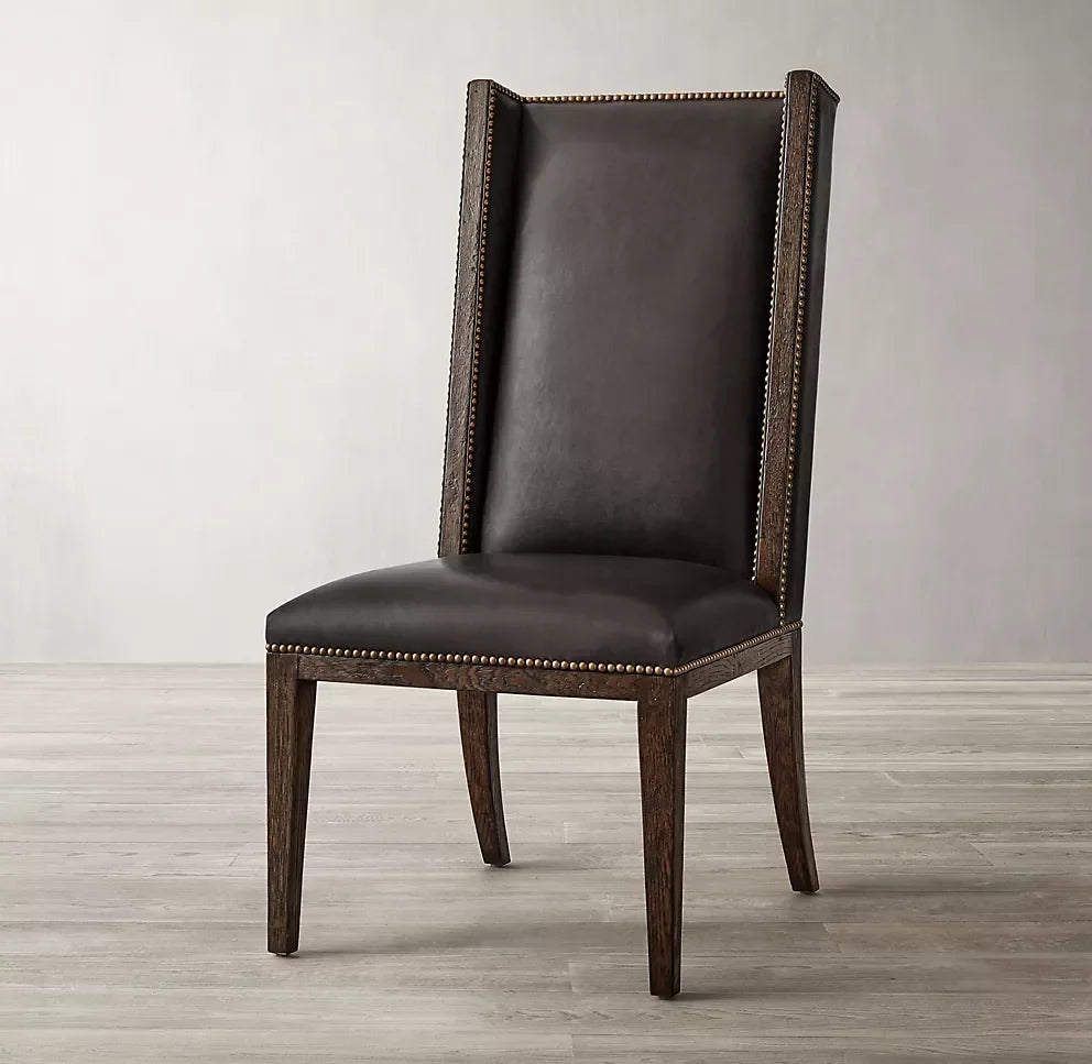 High Back Wing Dining Chair – Mid-century Modernist Solid Oak & Leather | 1600417100225