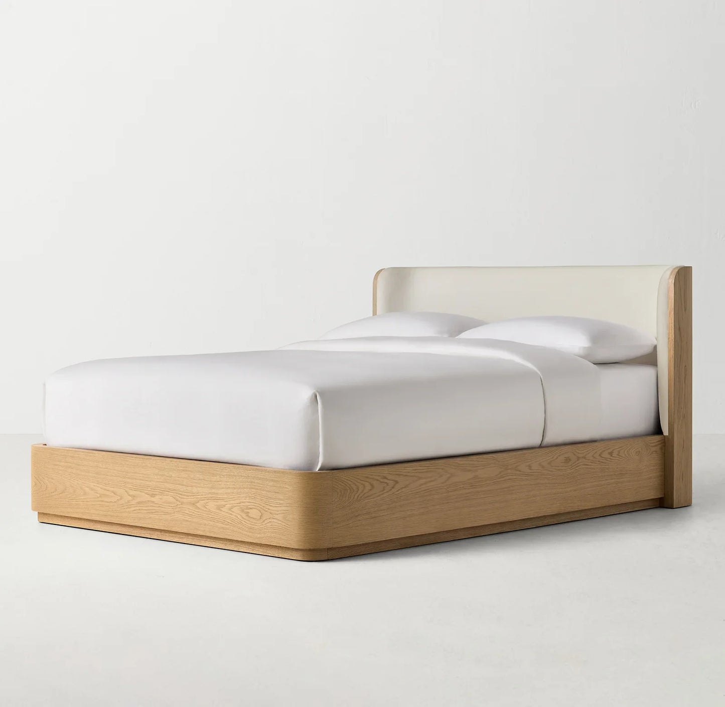 Olin Upholstered Platform Bed – Modern Wing Design with Oak Plinth