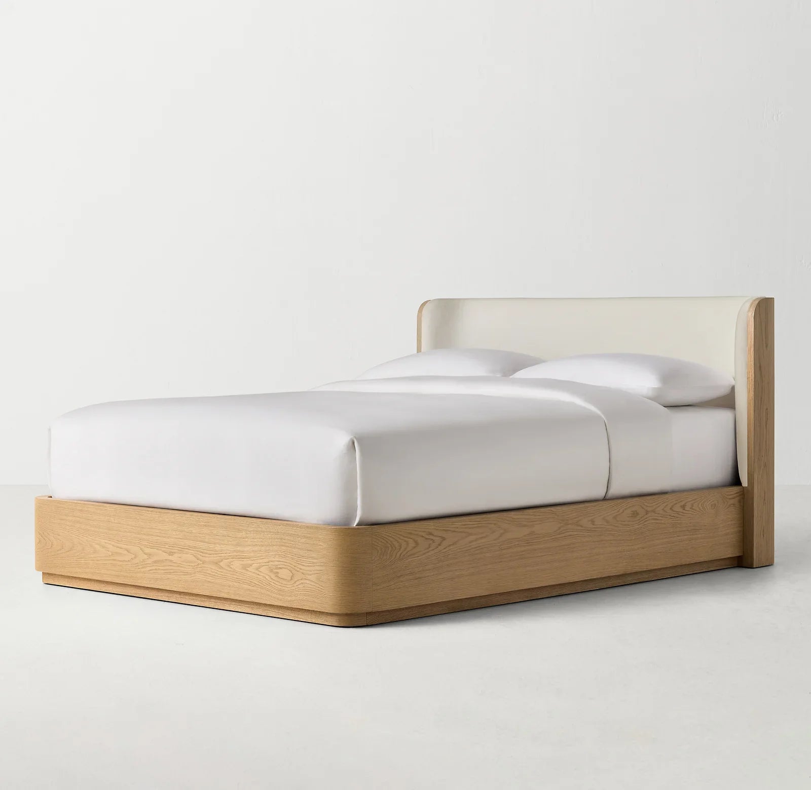 Olin Upholstered Platform Bed – Modern Wing Design with Oak Plinth