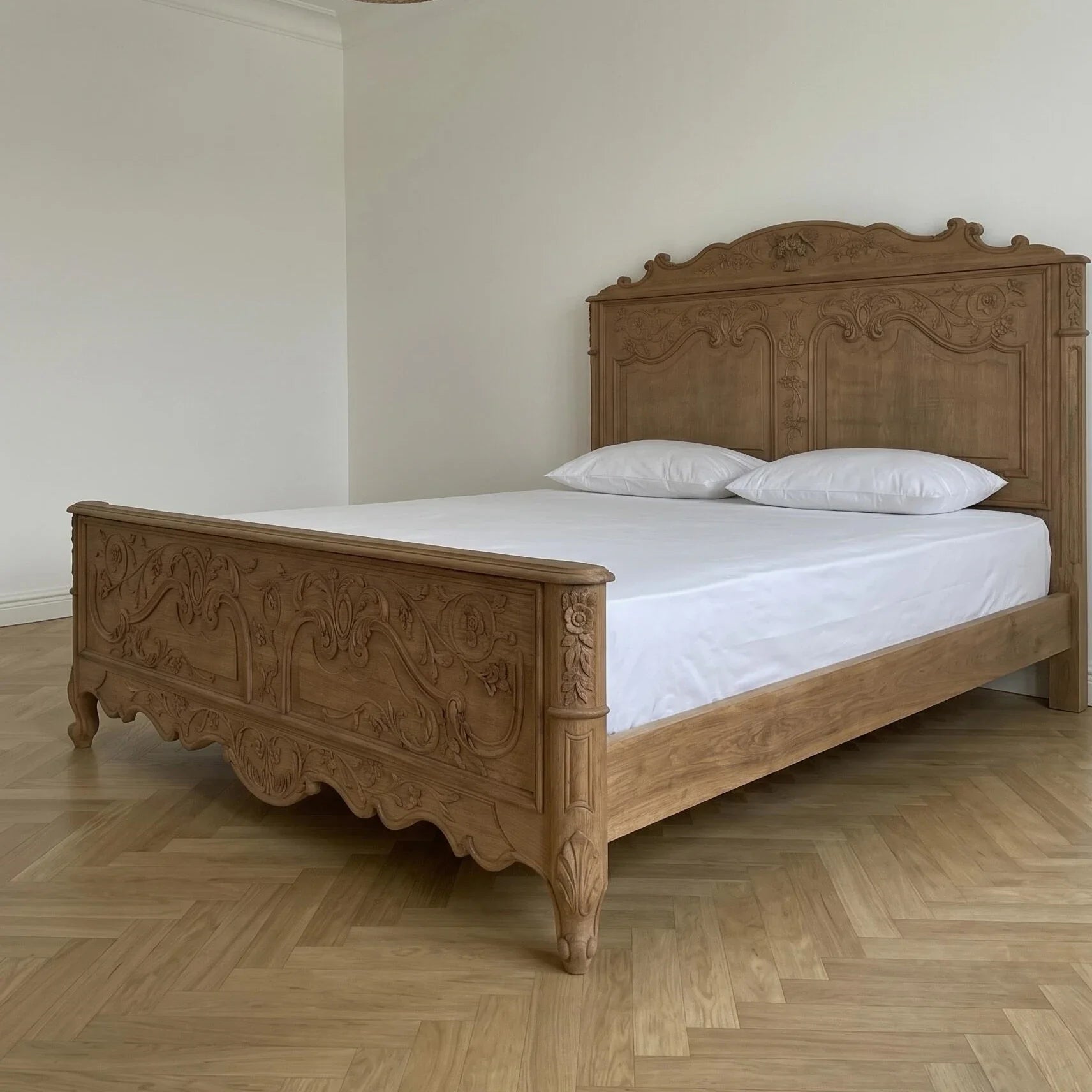 French Retro Carved Bed – Solid Ash Wood Statement Piece
