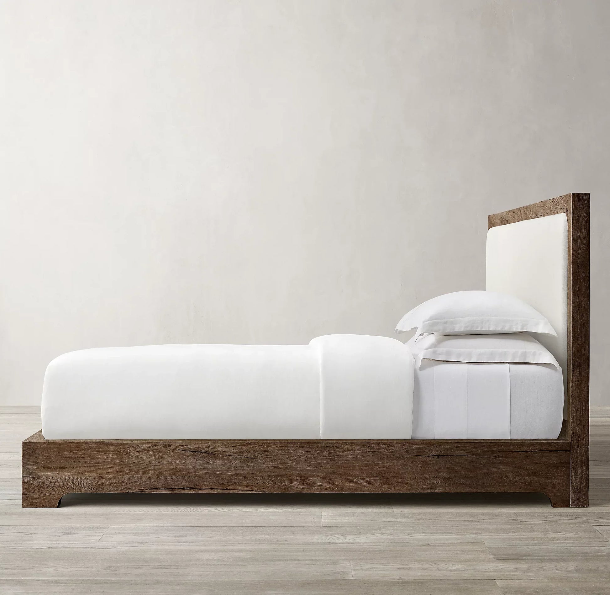 Cloud Platform Bed – Low-Profile Slipcovered Design in Aged Oak | 1600680589595