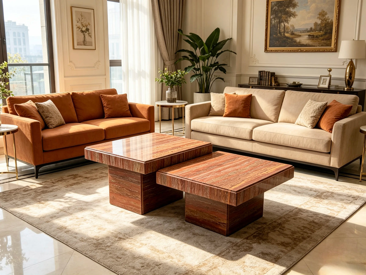 Luxury Square Natural Red Marble Coffee Table Modern Italian Style for Villa