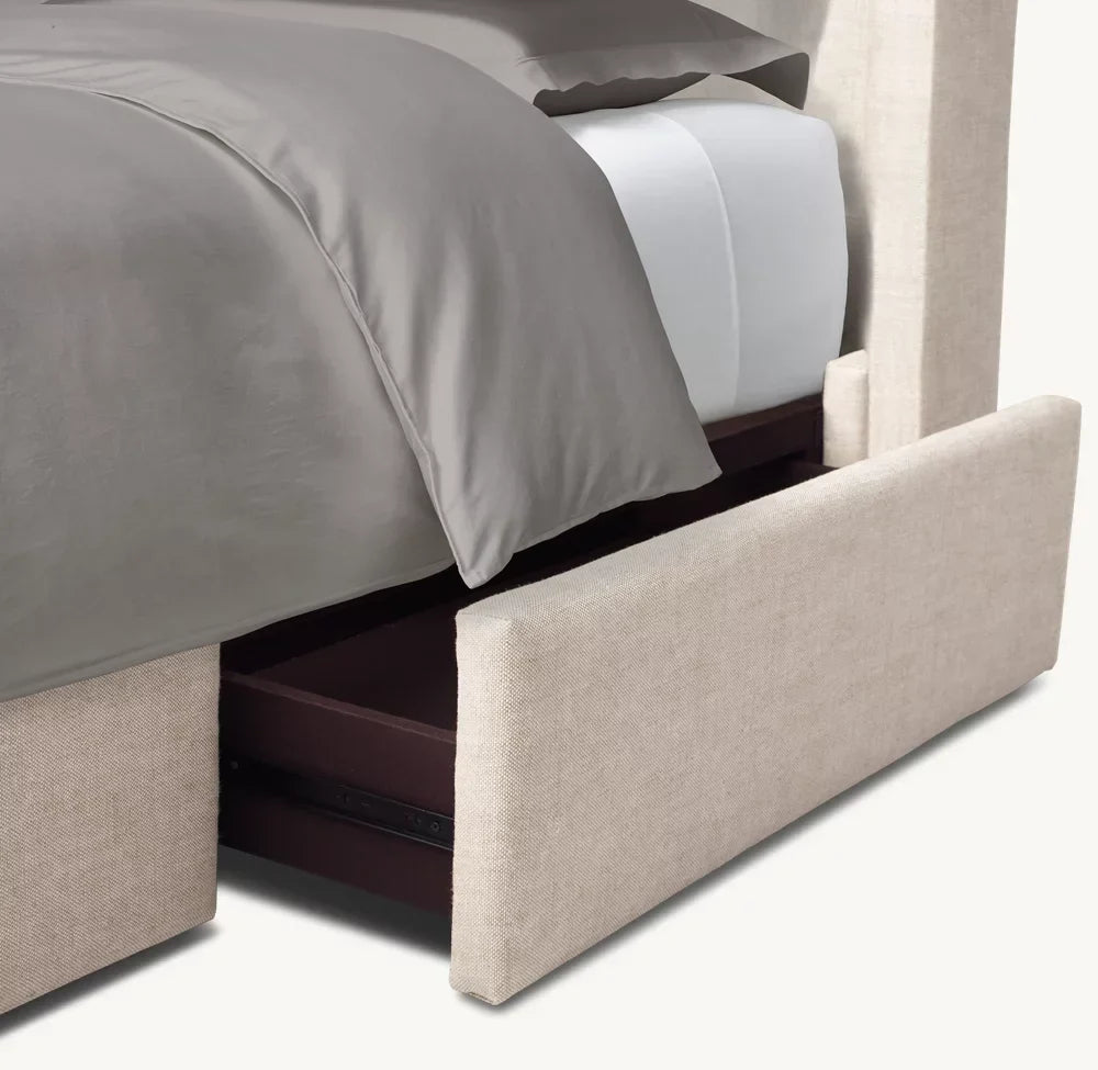Upholstered Shelter Bed – Diamond-Tufted Wingback Mid-Century French Oak Frame