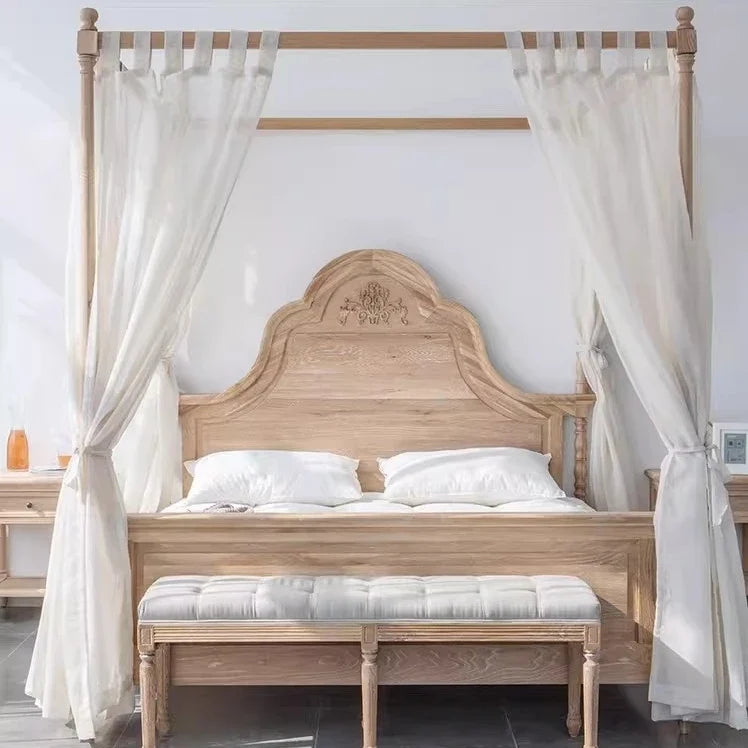 Four-Poster Bed – French Retro Natural Birch Wood Statement Piece | 259