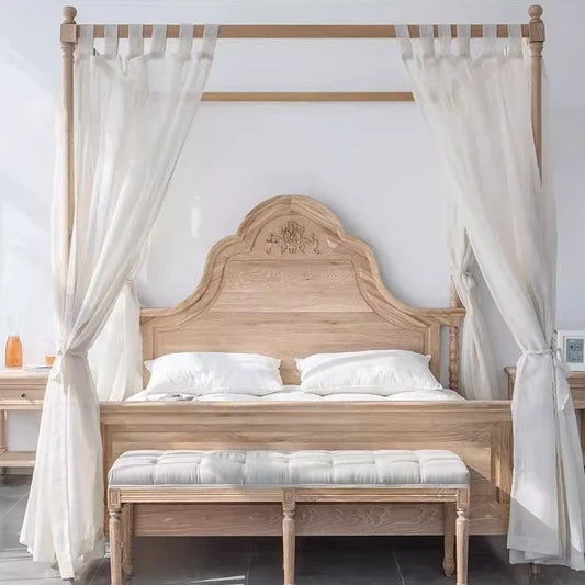 Four-Poster Bed – French Retro Natural Birch Wood Statement Piece | 259
