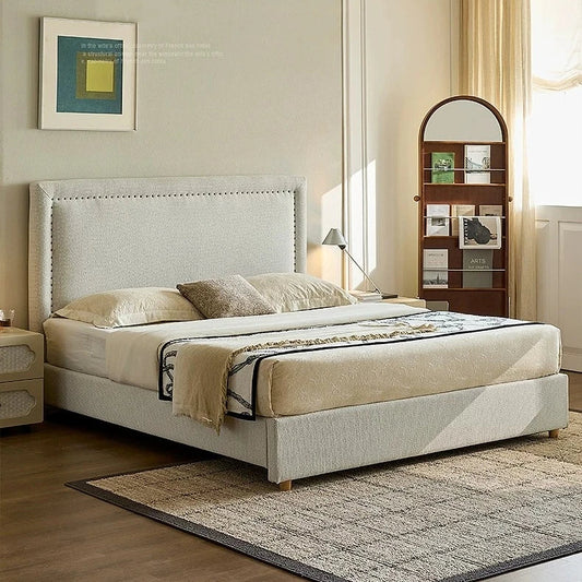 Upholstered Bed – High-Backrest Rice White Chenille Modern Statement Piece